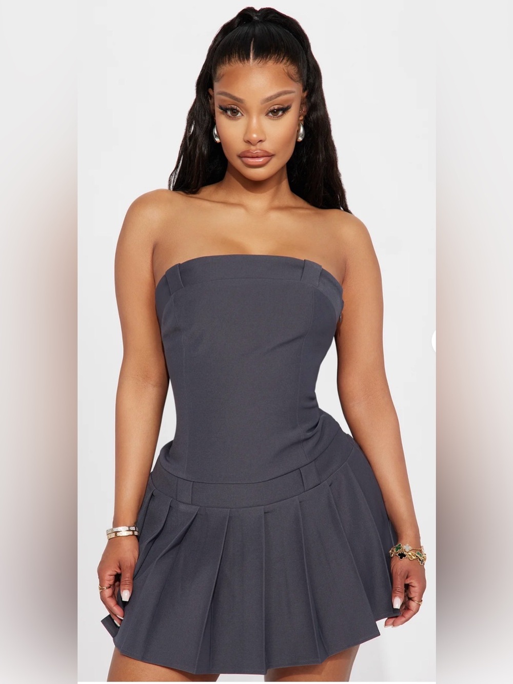 Fashion Nova Strapless Pleated Mini Dress in Charcoal